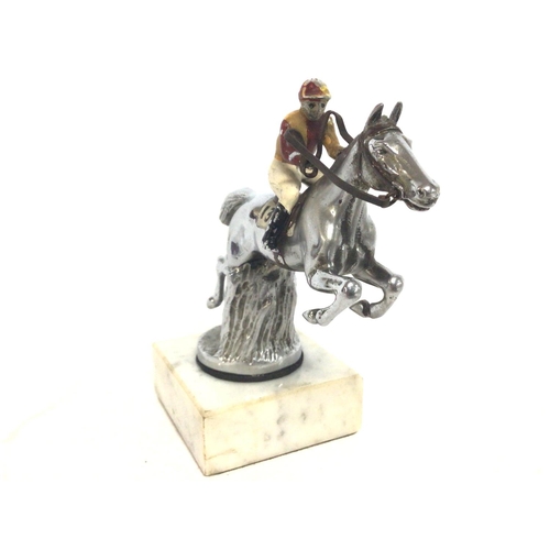 810 - 1950s car mascot of a horse and rider jumping hurdle with original enamelled figure on a marble base... 