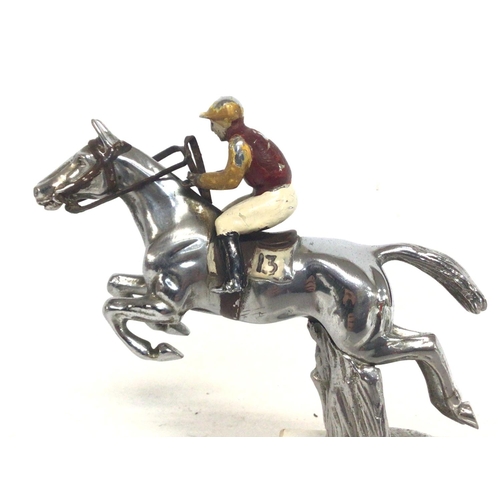 810 - 1950s car mascot of a horse and rider jumping hurdle with original enamelled figure on a marble base... 