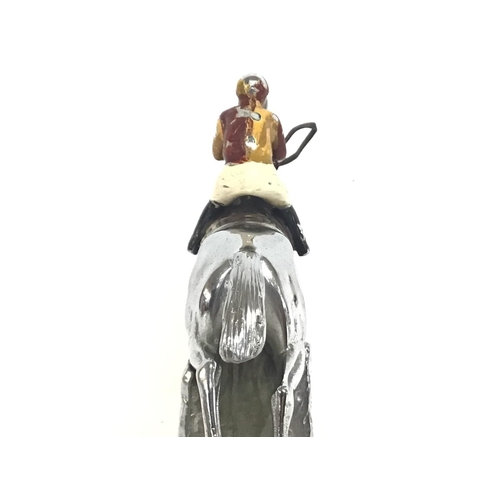 810 - 1950s car mascot of a horse and rider jumping hurdle with original enamelled figure on a marble base... 