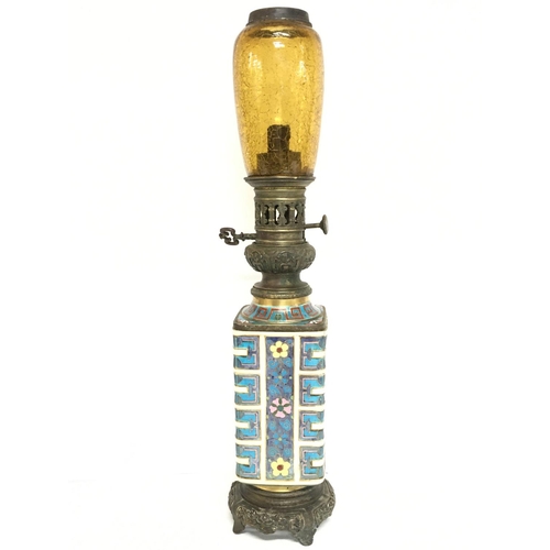 815 - Old bronze Cloissone styled enabled three sectioned oil lamp with yellow crackle glass shade, approx... 