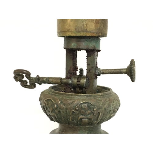 815 - Old bronze Cloissone styled enabled three sectioned oil lamp with yellow crackle glass shade, approx... 