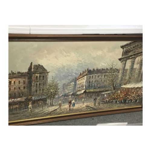 239 - A large framed oil painting study of a French street scene. View of a Paris street scene Indistinctl... 