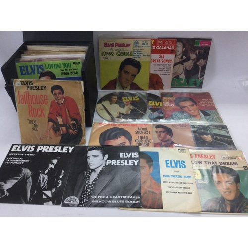 178 - A record case of Elvis Presley 7inch singles and EPs including picture discs.