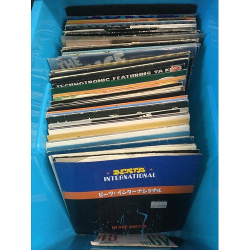 341 - A blue crate of 90s dance and 80s pop 12inch singles and LPs by various artists including Beats Inte... 