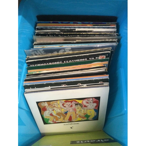 341 - A blue crate of 90s dance and 80s pop 12inch singles and LPs by various artists including Beats Inte... 