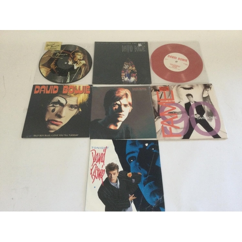 394 - Seven David Bowie 7inch singles including a picture disc and coloured vinyl.