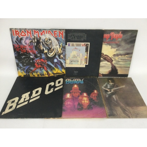 500 - Six rock LPs by various artists including Iron Maiden, Deep Purple, Led Zeppelin and others.