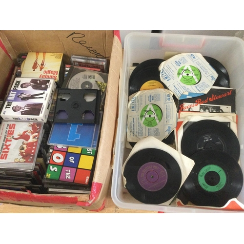 518 - Two boxes of 7inch singles and CDs by various artists including a purple and gold HMV label Elvis si... 