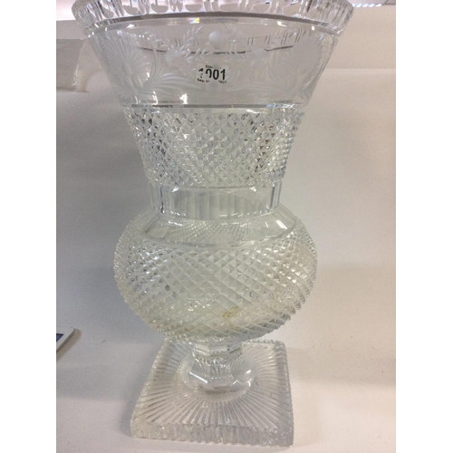 1001 - A large cut crystal thistle shape vase engraved with flowers and foliage 40 cm .