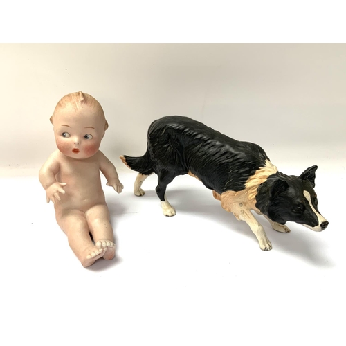 1003 - A Heubach startled Bisque piano Baby together with a Royal Doulton ceramic model of a Border Collie.