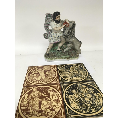 1004 - Four 19th century Minton ceramic tiles and a 19th century Staffordshire figure of Samson with a lion... 