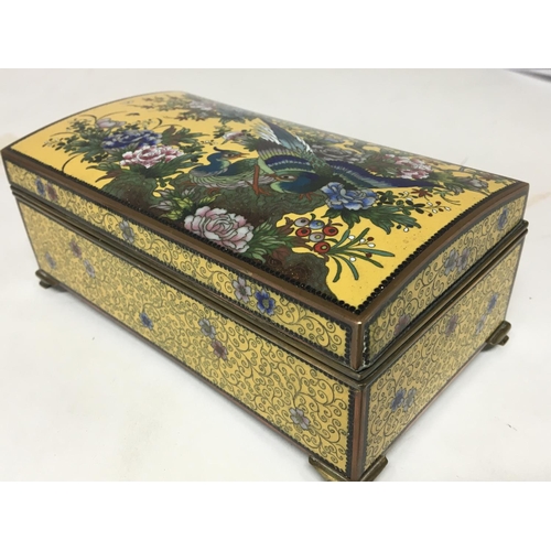 1104 - A Quality Japanese Cloisonné dome top box decorated with exotic birds flowers and foliage on a yello... 