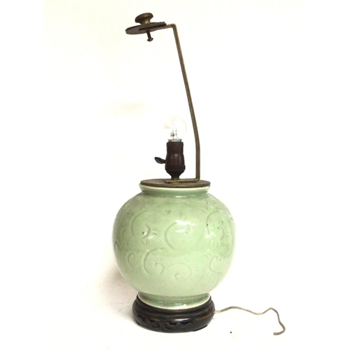 1109 - Antique Japanese Celadon vase lamp , 54cm tall. Postage category D- NO RESERVE