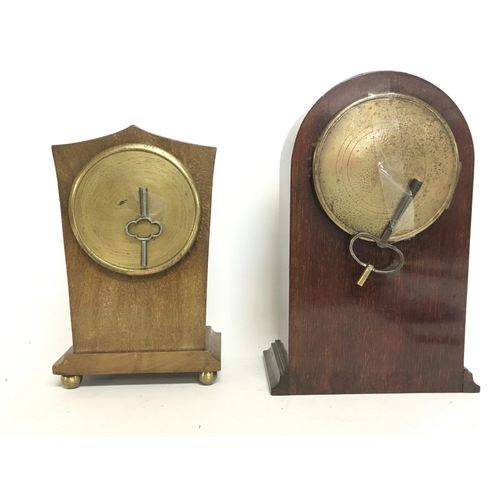 1253 - 8 Day oak & inlay Mantle Clocks, and keys. 20 & 23cm tall.