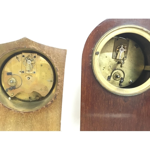 1253 - 8 Day oak & inlay Mantle Clocks, and keys. 20 & 23cm tall.