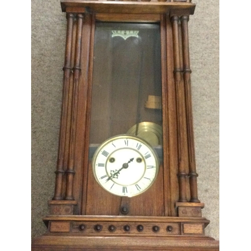 1258 - Oak Vienna style wall and mantle clocks, approximate dimensions 14x20x36 & 16x40x78cm.