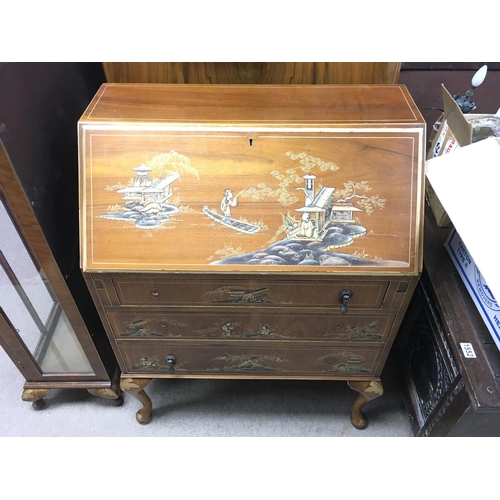 1265 - A lacquer bureau with oriental style artwork. 76w x 102h x 42d (cm)