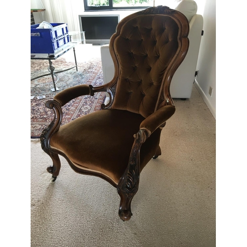 1312 - A Quality Victorian walnut open arm chair, with shaped cabriole frame and draylon upholstery. No Res... 