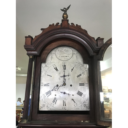 1376 - A mahogany long case clock case together with two movements- brass dial and silver dial- Mich Padbur... 