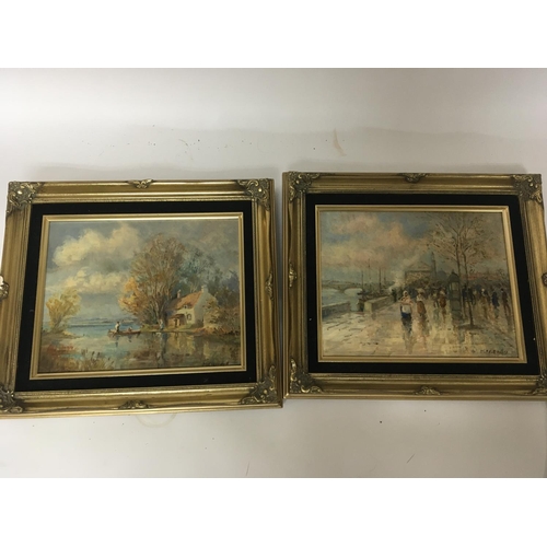 1510 - A pair of gilt framed oil paintings a view of The London embankment and a rural scene with river 33x... 