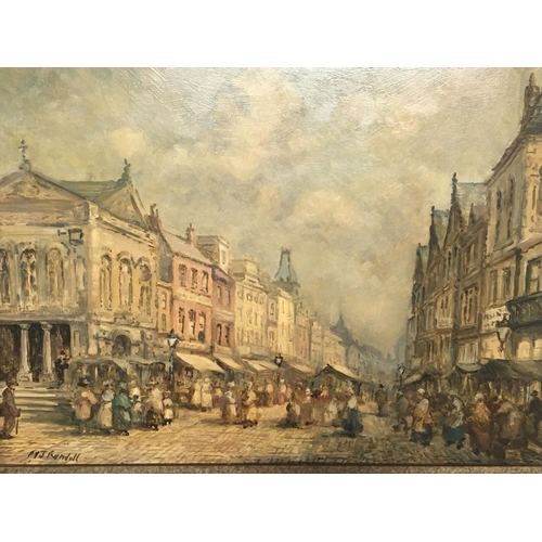 1516 - A framed oil painting study of a 19th century market scene signed MJ Randell (?) and one other oil p... 