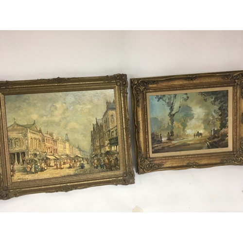 1516 - A framed oil painting study of a 19th century market scene signed MJ Randell (?) and one other oil p... 