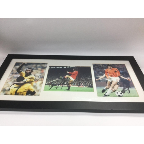 1522 - A framed and signed montage of three footballing legends comprising Pele, George Best and Johann Cru... 