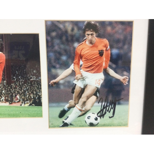 1522 - A framed and signed montage of three footballing legends comprising Pele, George Best and Johann Cru... 