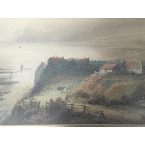 1532 - A small framed pastel a study of a costal view with figures on a path and buildings signed by Peter ... 