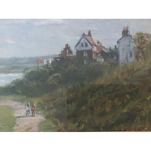 1532 - A small framed pastel a study of a costal view with figures on a path and buildings signed by Peter ... 