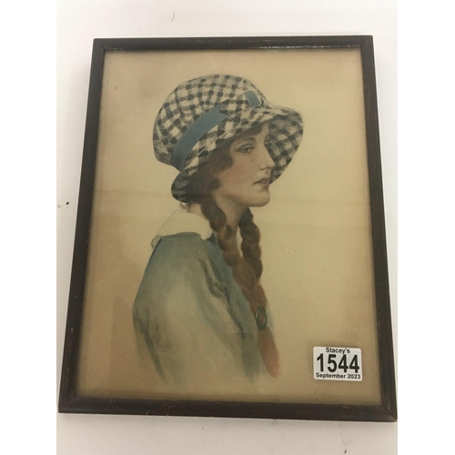 1544 - A framed 1920 watercolour portrait of a young girl signed in pencil. 27x35cm