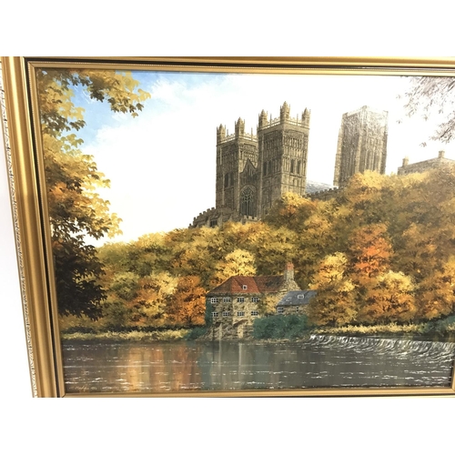 1548 - Oil painting of Durham cathedral by J C Madgin 1986. In frame approximately 50cm by 40cm, Postage D.