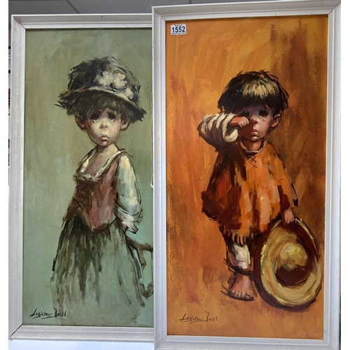 1552 - Leighton Jones, 1932-2011. 2 original paintings on board of street urchins. 87cm x 46cm.