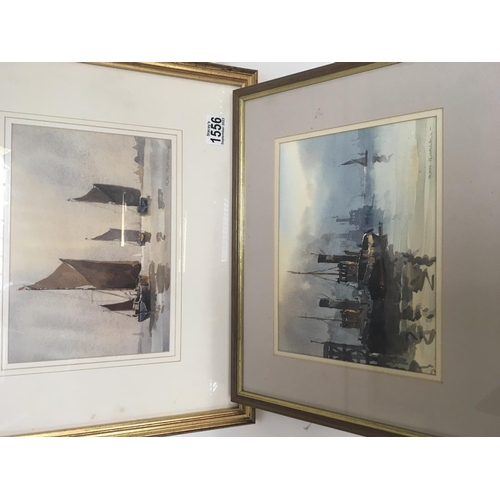 1556 - Two framed watercolours studies of the Thames with sailing barges and tug boats signed by Alan Runag... 