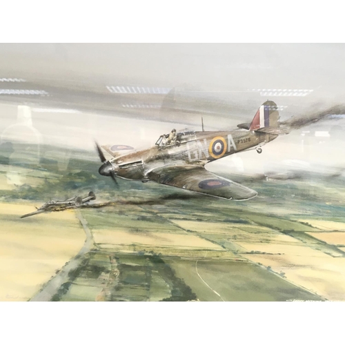 1660 - A framed print by Geoff Nutkin dated 1985 portraying a scene from the Battle of Britain, approximate... 