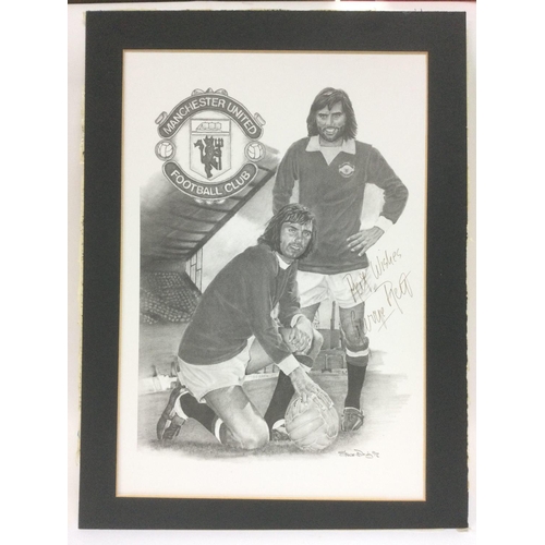 1825 - A George Best signed print of a pencil drawing depicting George in Man Utd kit, approx 27.5cm x 37cm... 