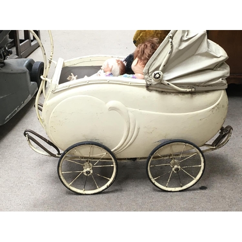 1978 - 1930s Wooden Dolls pram with cover and hood, Large Teddy and four dolls.