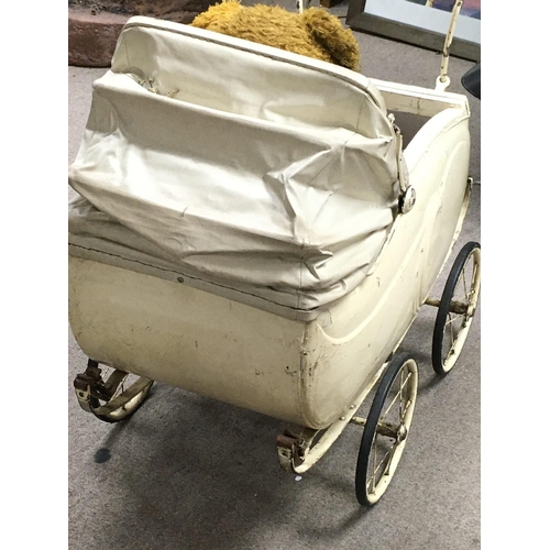 1978 - 1930s Wooden Dolls pram with cover and hood, Large Teddy and four dolls.