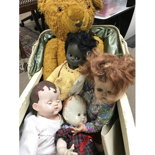 1978 - 1930s Wooden Dolls pram with cover and hood, Large Teddy and four dolls.