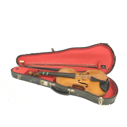 2032 - 3/4 size violin (55cm long) cased. No makers label. Postage cat C