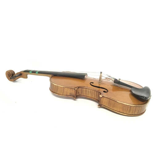 2032 - 3/4 size violin (55cm long) cased. No makers label. Postage cat C