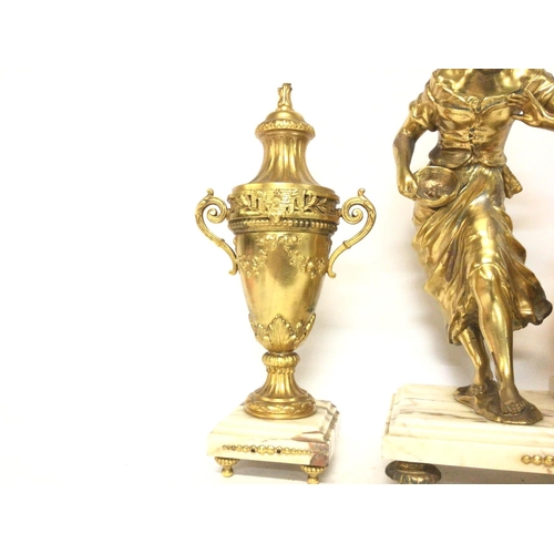 616 - Marble and Brass Clock garniture, with a mounted brass figure of a girl and floral decoration. posta... 