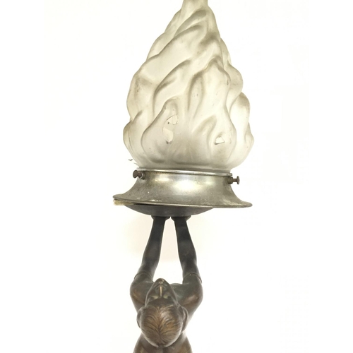 664 - An Art nouveau style Bronze electric lamp featuring a figure of a lady supporting the shade (damaged... 