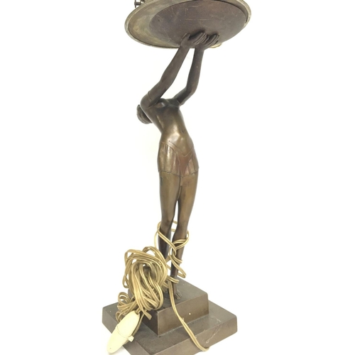 664 - An Art nouveau style Bronze electric lamp featuring a figure of a lady supporting the shade (damaged... 