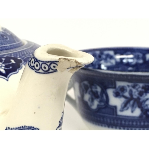 803 - A collection of blue and white ceramics including a Victorian Fenton Willow Teapot, Morning/ Farmers... 