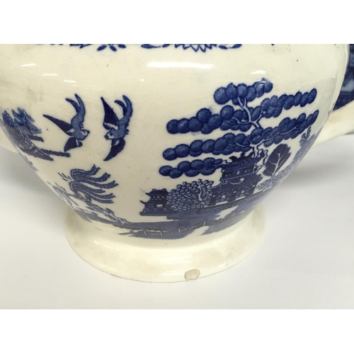 803 - A collection of blue and white ceramics including a Victorian Fenton Willow Teapot, Morning/ Farmers... 