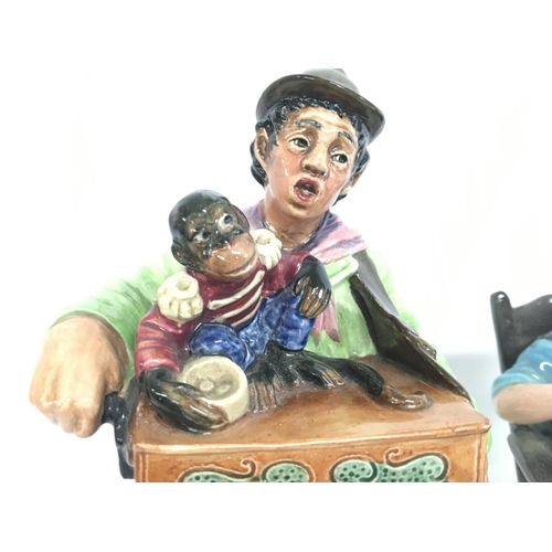 831 - Royal Doulton porcelain figures- Organ Grinder, The Toymaker, Carpet Seller. No obvious damage or re... 