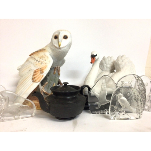 871 - A collection ceramics including glass bird ornaments , a Bogey Bunnykins figurine, stands etc. No ob... 