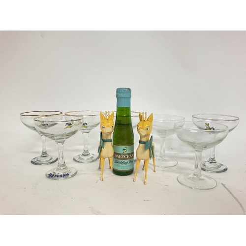 880 - Babycham glasses, figures (leg damaged) and a bottle, postage cat D- NO RESERVE