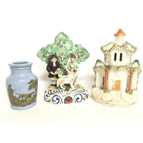 882 - Collection of porcelain including Staffordshire figures and a pot circa 1856 depicting a Pheasant hu... 